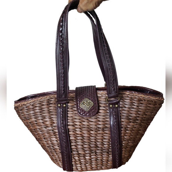 Coldwater Creek Woven Straw Brown Rustic Faux Leather Shoulder Bag Picnic Tote. - Picture 1 of 16